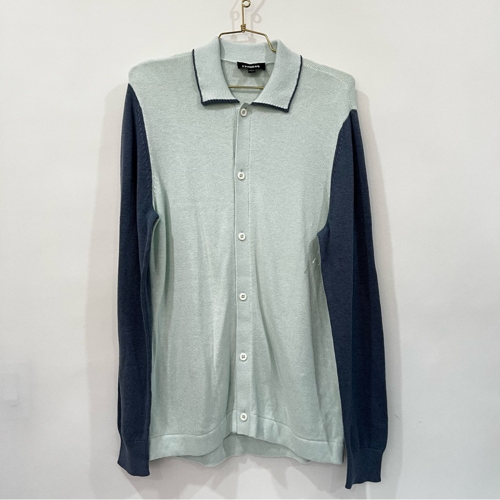 Express Colorblock Button -Up Cardigan Size Medium Mint Blue Polo Sweater